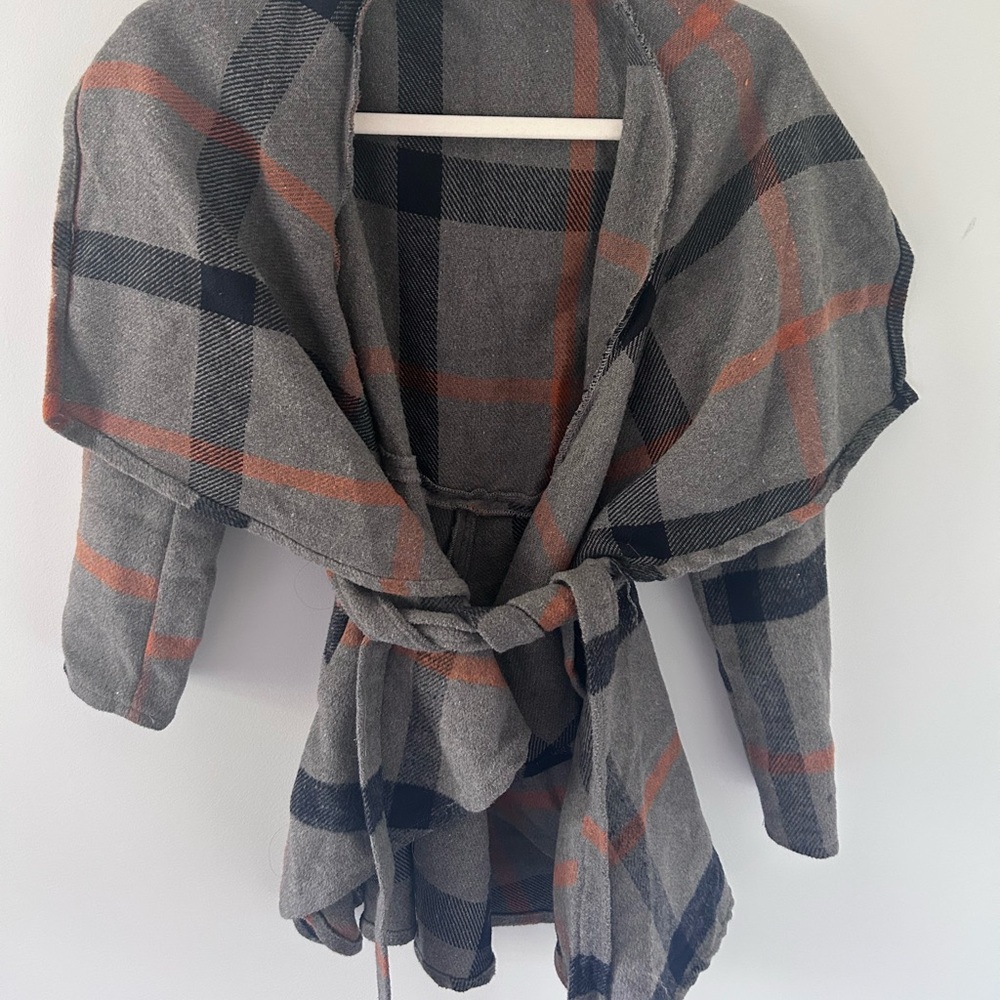 FAVLUX Gray and Orange Plaid Cape with Shawl Collar
